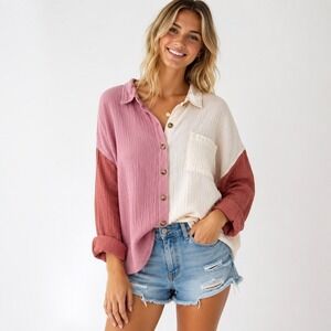 Heyday Gauze Cotton Colorblock Button Up Shirt Pink Cream Oversized Boho Large‎